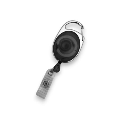 Black Retractable ID Badge Reel with Carabiner Hook & Reinforced Strap Clip