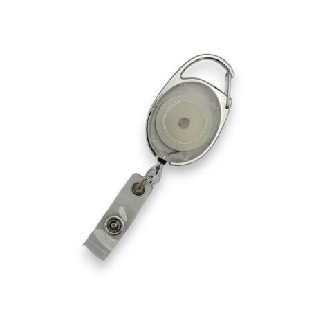 White Retractable ID Badge Reel with Carabiner Hook & Strap Clip